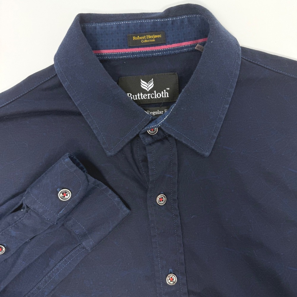 Buttercloth Robert Herjavec Navy Blue Button Down Shirt Mens Large Regular Fit